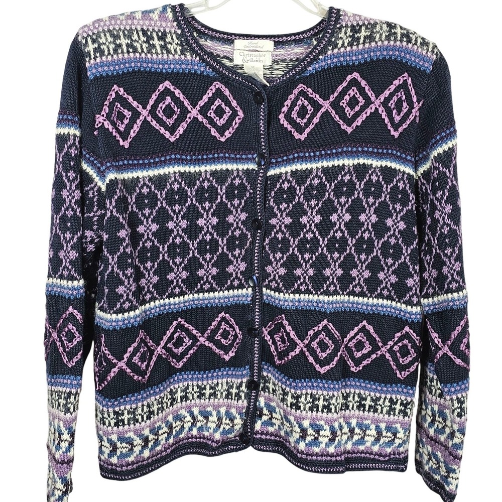 Womens‎ M Knit Cardigan Sweater Navy Purple Geometric Embroidered Cottage Granny